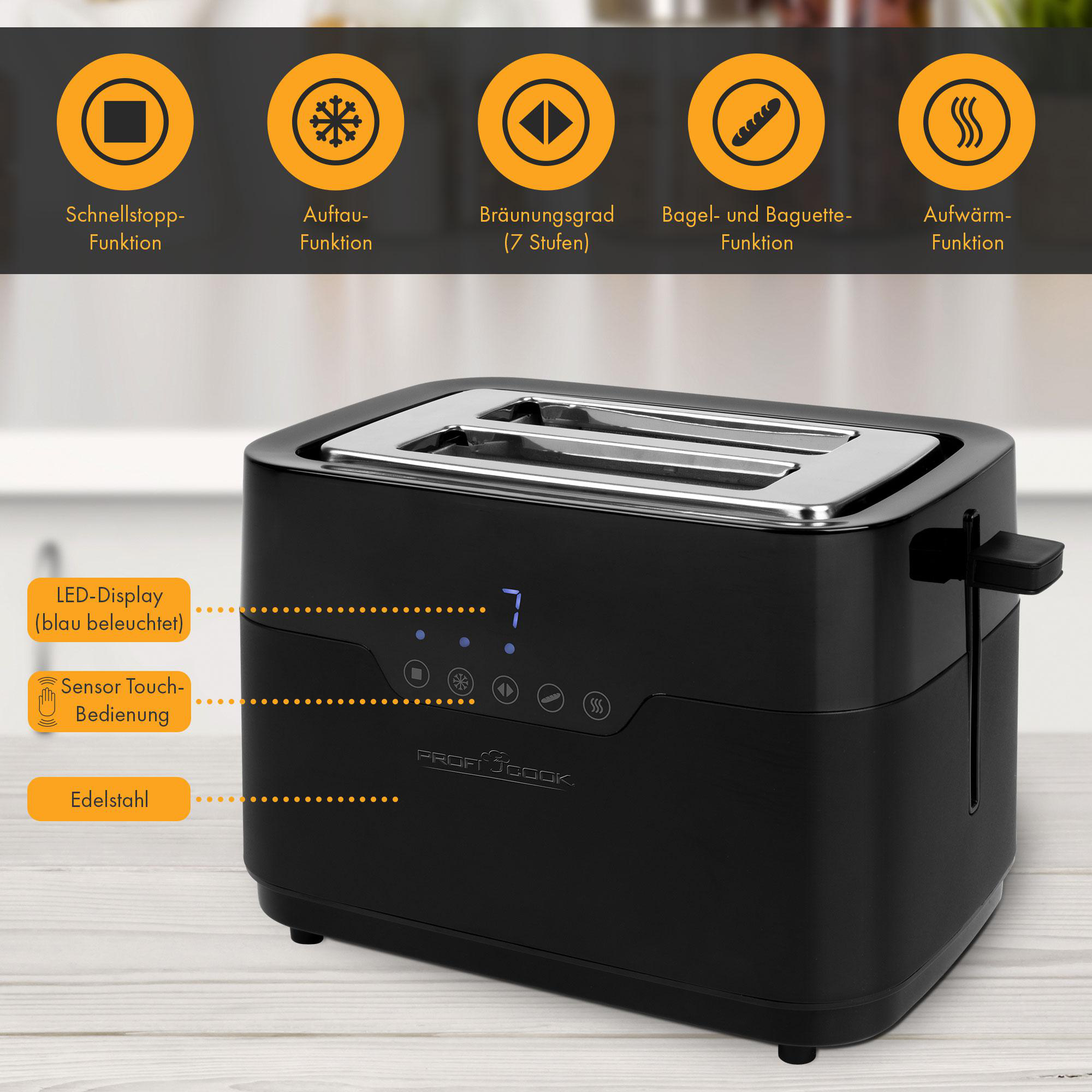 Schwarzer Toaster mit Touch-Bedienung, LED-Display und Symbolen für Funktionen.