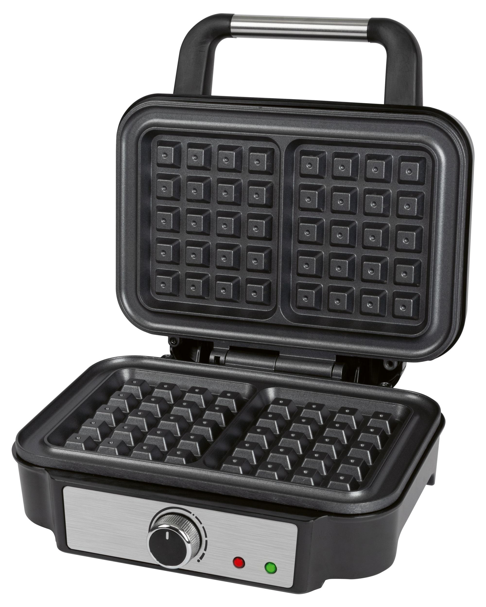 Ein offenes schwarzes Waffeleisen mit Drehknopf und Kontrollleuchten.