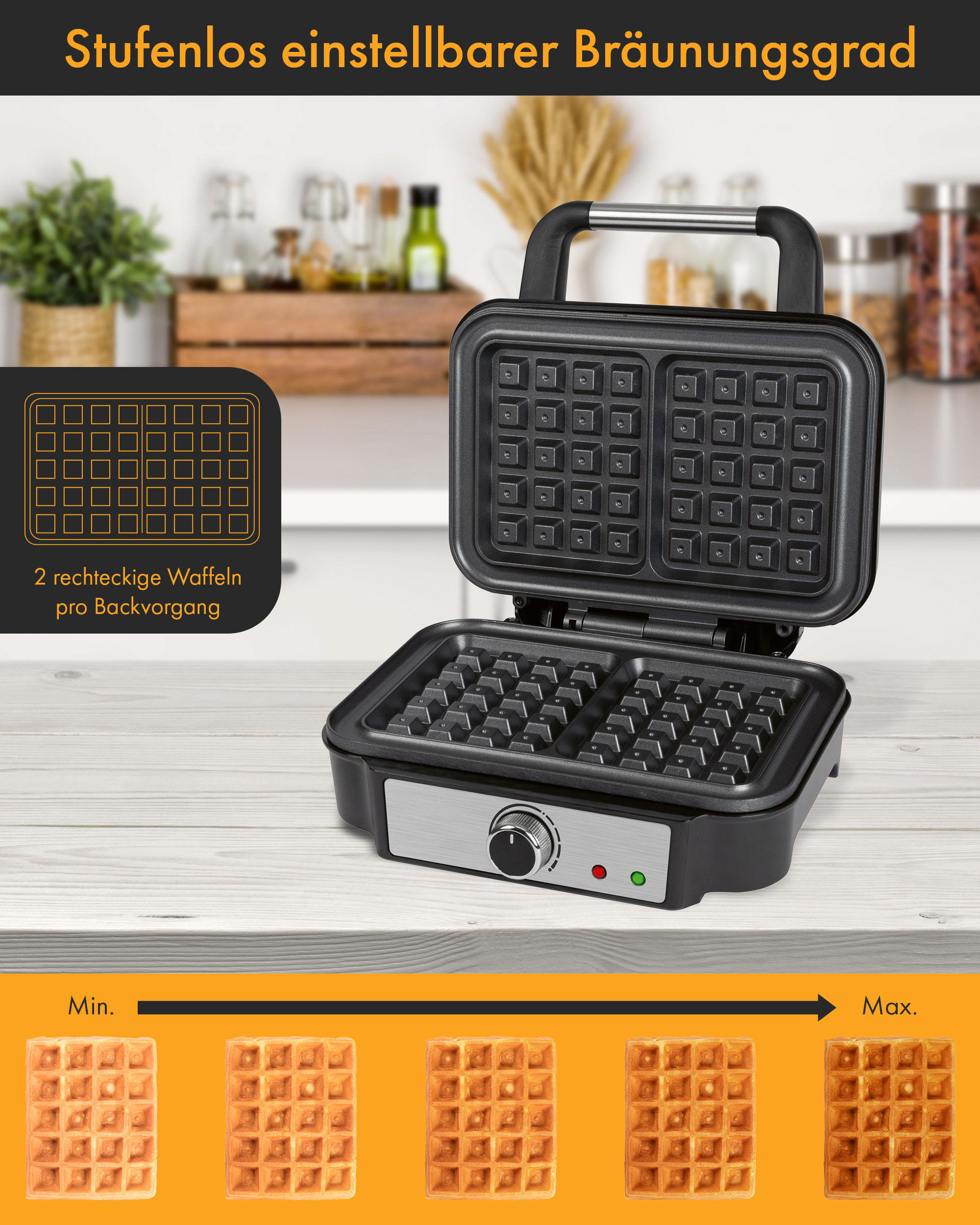 Ein Waffeleisen mit verschiedenen Bräunungsstufen, dargestellt durch Waffelproben.