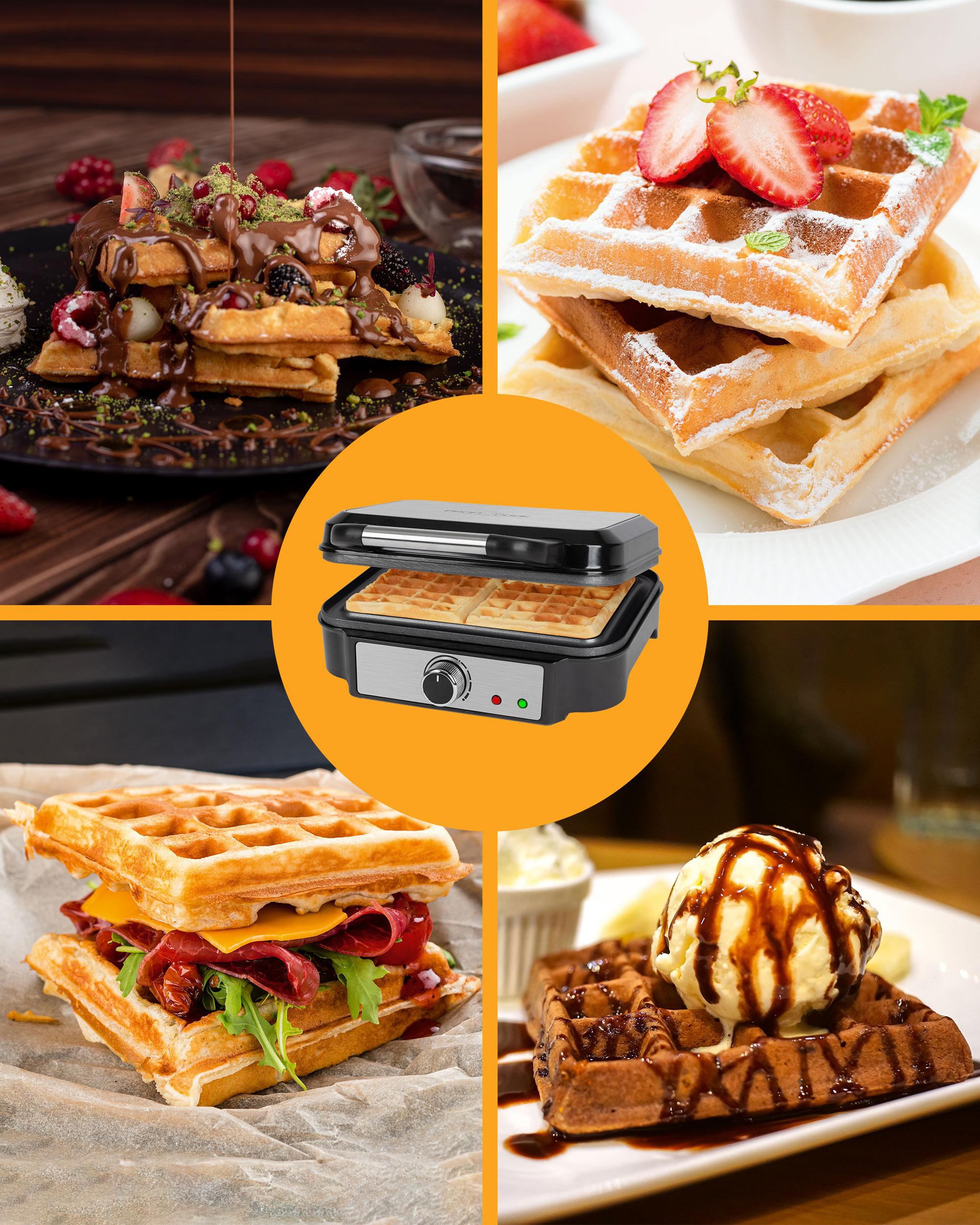 Vier Bilder von Waffeln mit Belägen und einem Waffeleisen in der Mitte.