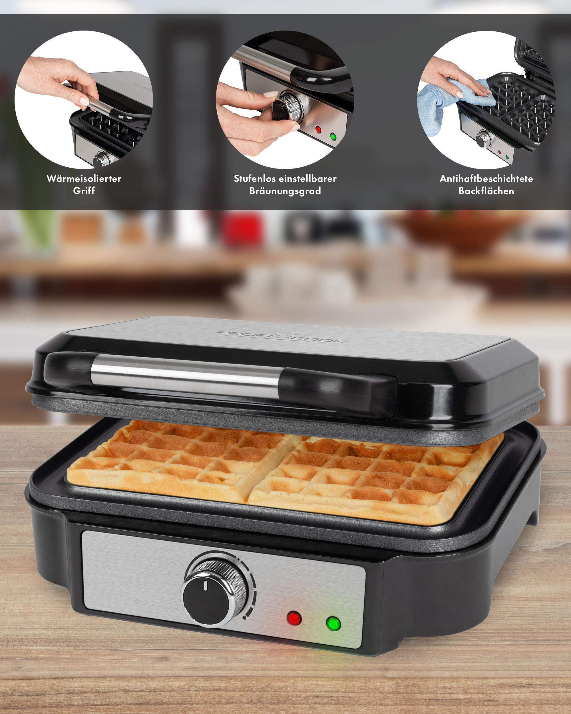 Waffeleisen mit Waffeln. Bedienelemente und Reinigungsanweisungen werden gezeigt.
