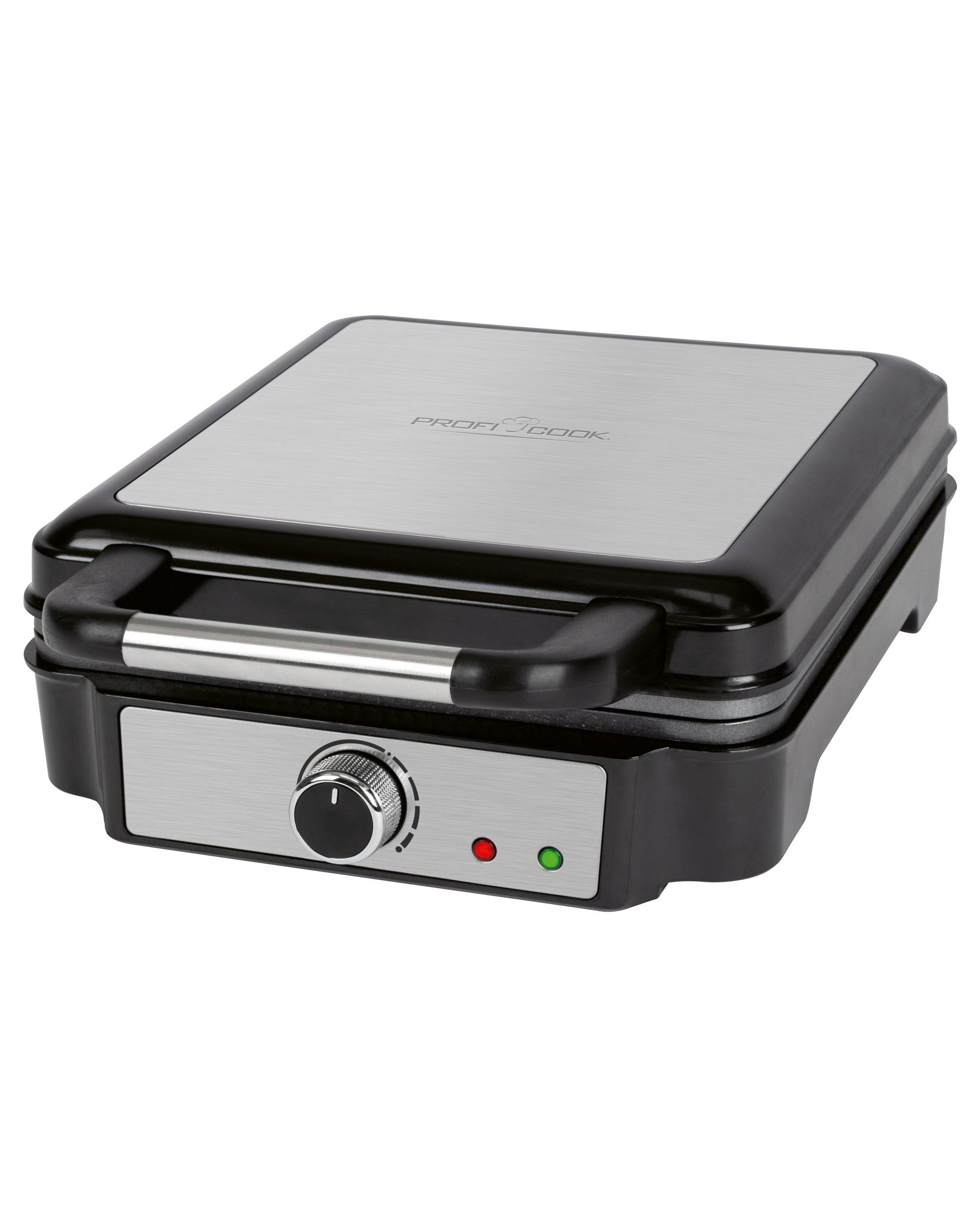 Schwarzer und silberner Profi Cook Waffeleisen, geschlossen, mit Bedienknopf und Kontrollleuchten.