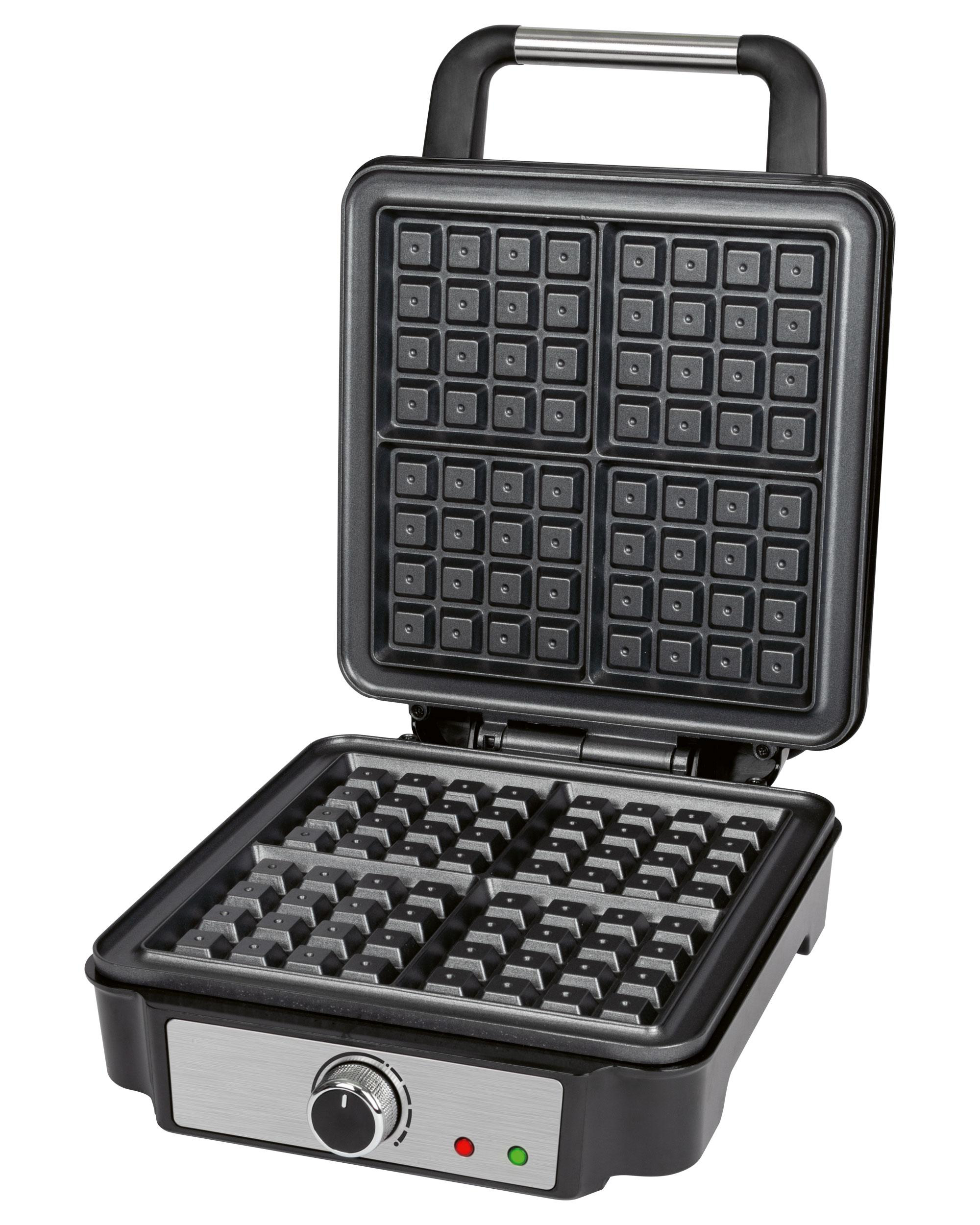 Ein offener Waffeleisen. Die Kochplatten sind schwarz und der Körper ist schwarz und silber.