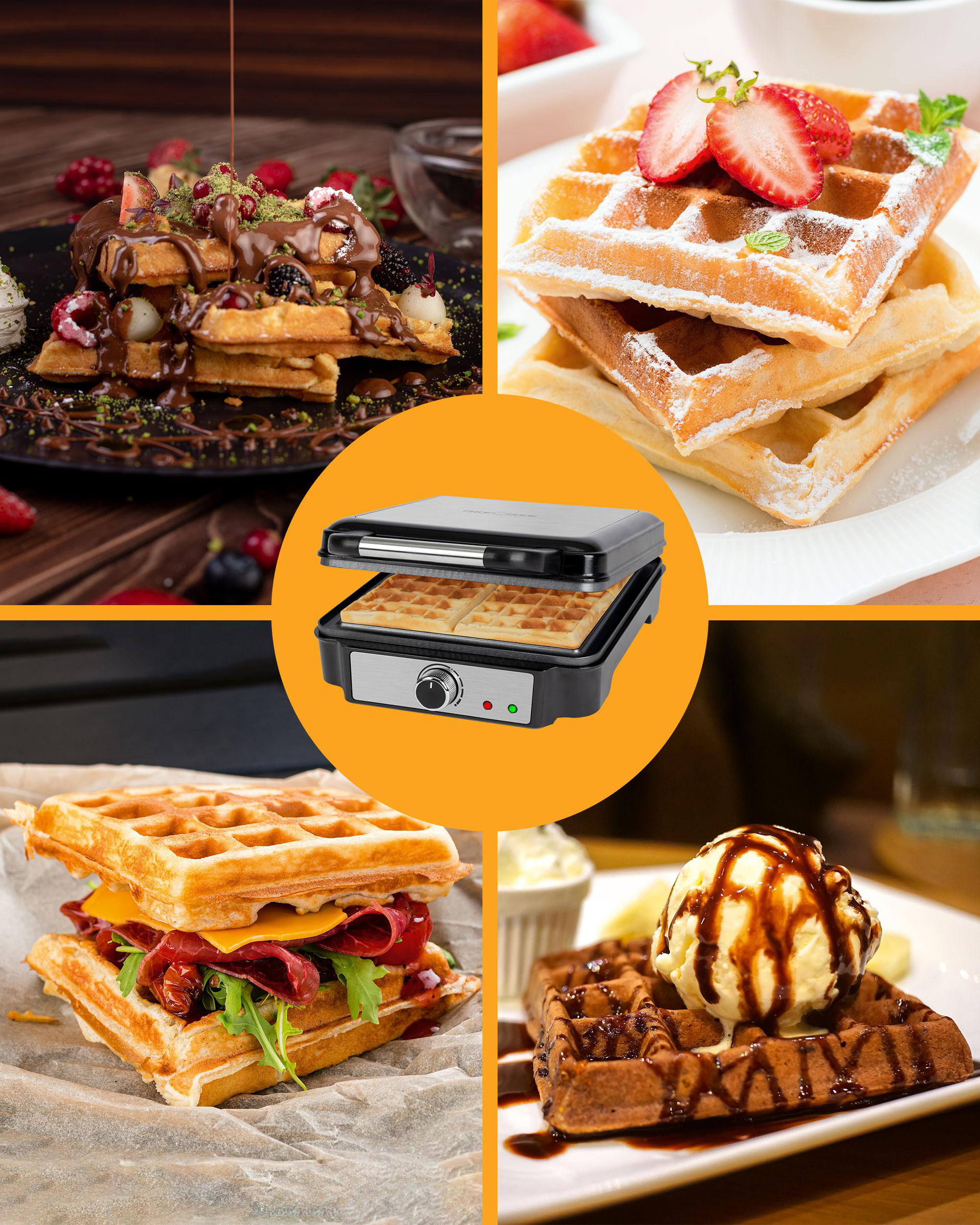 Waffeleisen und verschiedene Waffeln, darunter solche mit Eis.