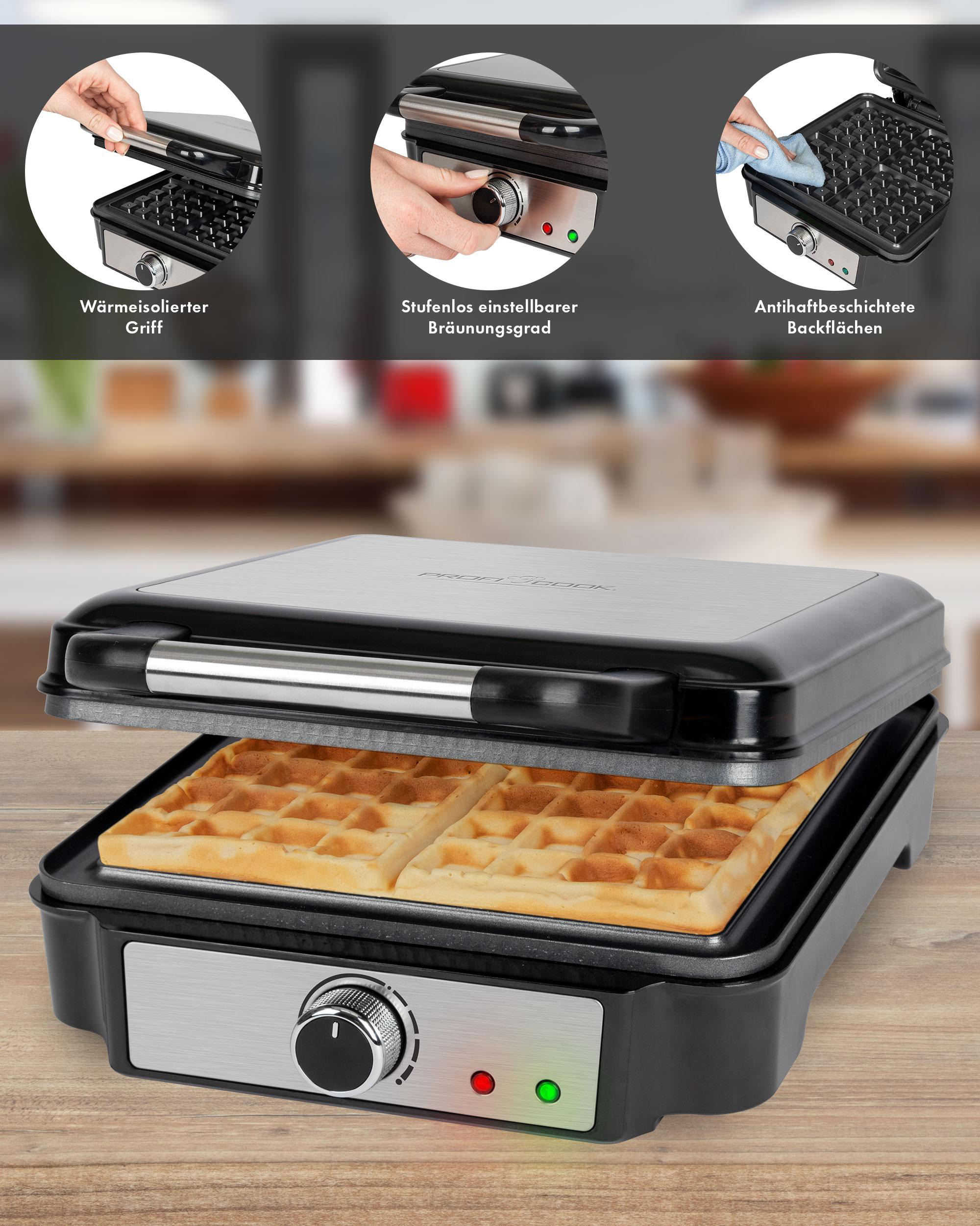 Waffeleisen mit Waffeln, Bedienelemente vorne und Detailaufnahmen des Griffs.