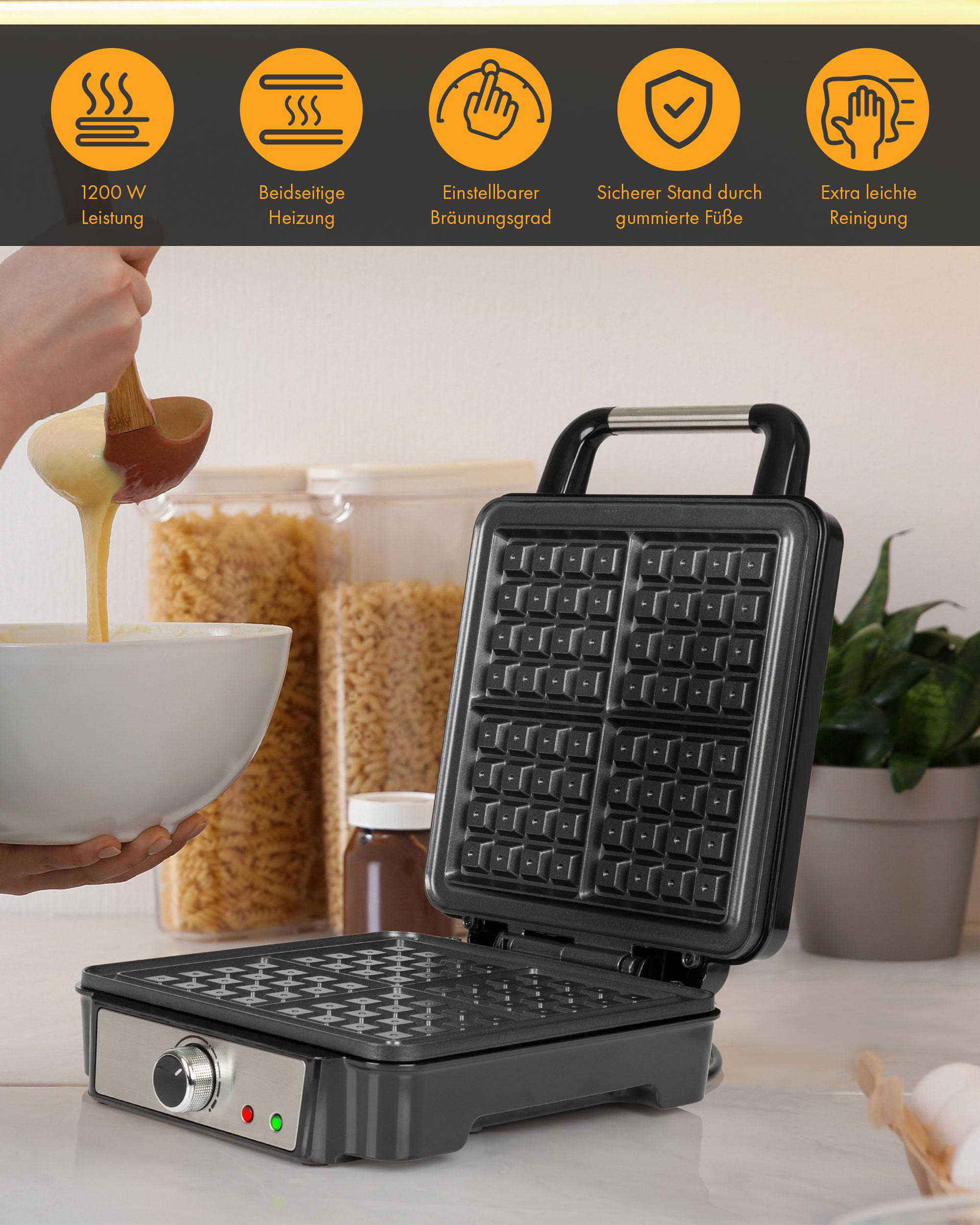 Waffeleisen mit Teig. Symbole: Erhitzen, Bräunen und einfache Reinigung werden gezeigt.