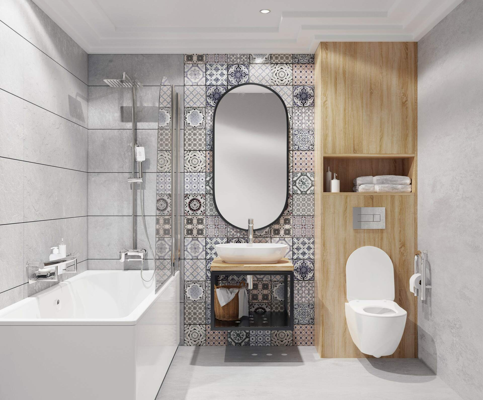 Modern fürdőszoba, fürdőkáddal, WC-vel és tükrös mosdókagylóval. Csempék és fa elemek.