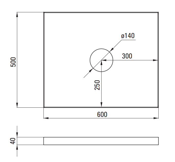 Műszaki rajz méretekkel: 500x600mm-es téglalap, középpontban 140mm átmérőjű körrel.
