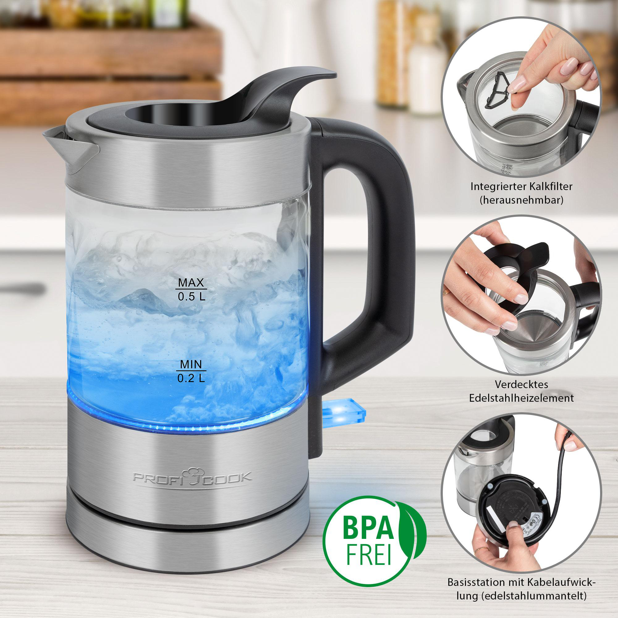 Elektrischer Wasserkocher mit Wasser und blauem Licht, Detailansichten.