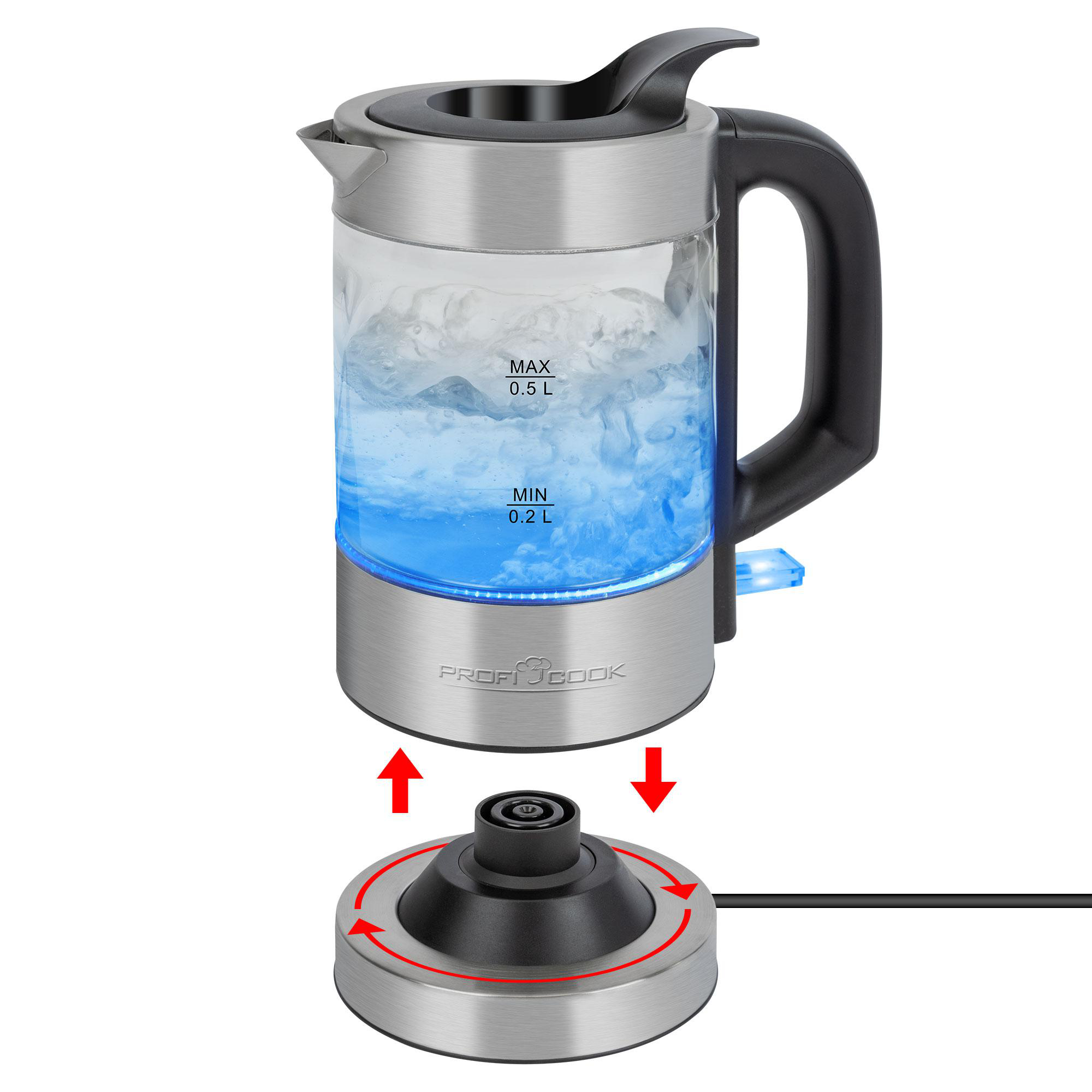 Elektrischer Wasserkocher mit kochendem Wasser, Edelstahlbasis, schwarzem Griff und Pfeilen um die Basis.