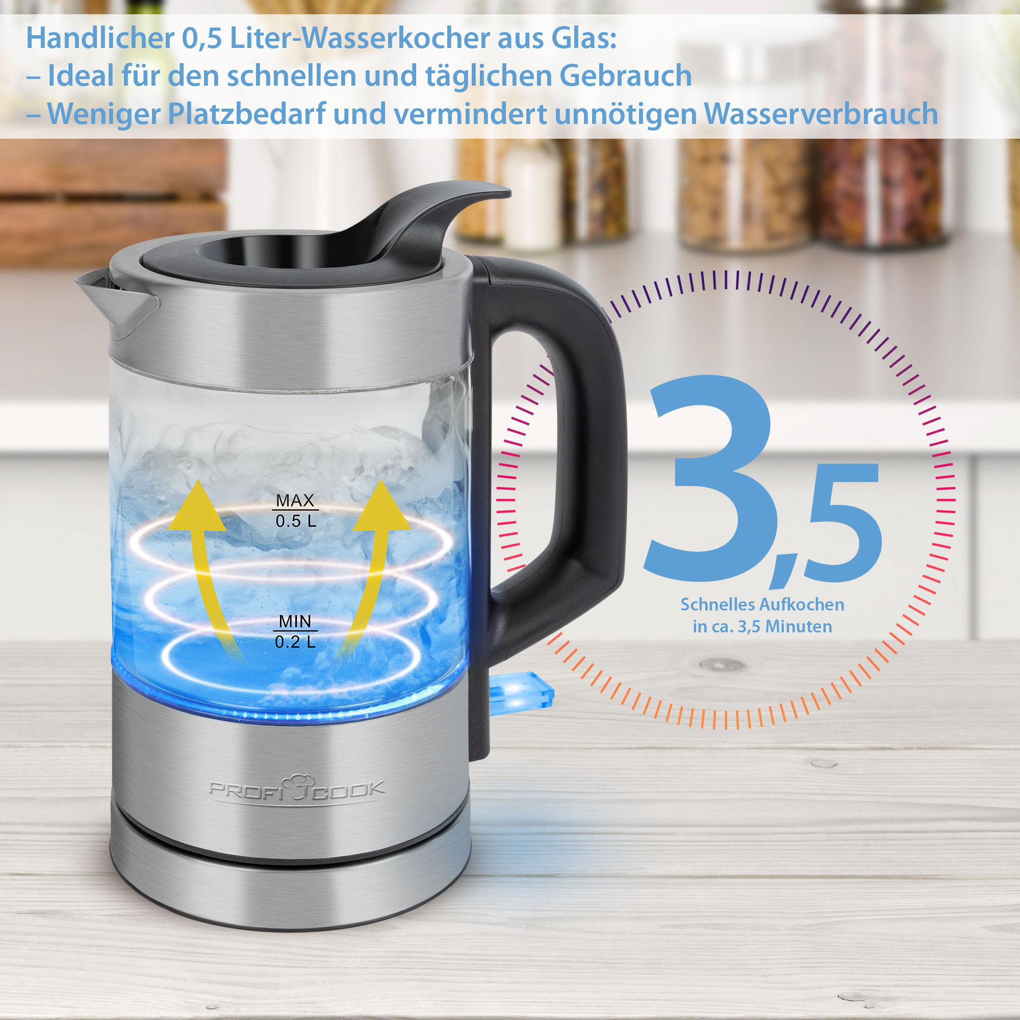 Ein Glaskessel mit Wasser, blauem Licht und die Anzeige zeigt 3,5 Minuten.