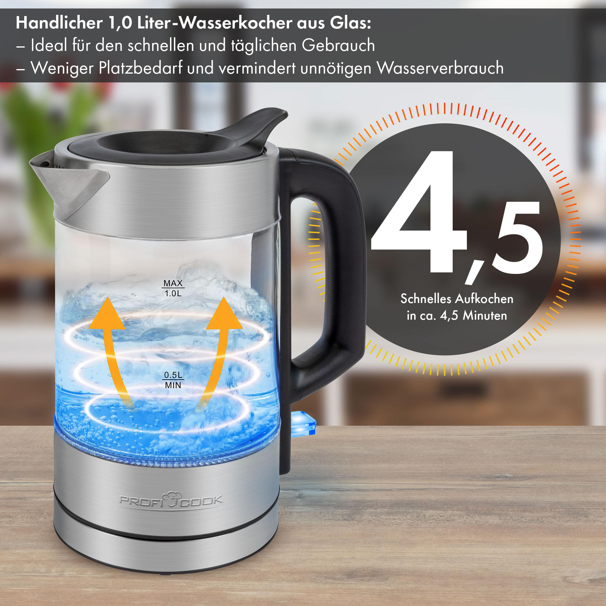 Ein elektrischer Glaskessel mit Wasser, der den Kochvorgang und die Spezifikationen zeigt.