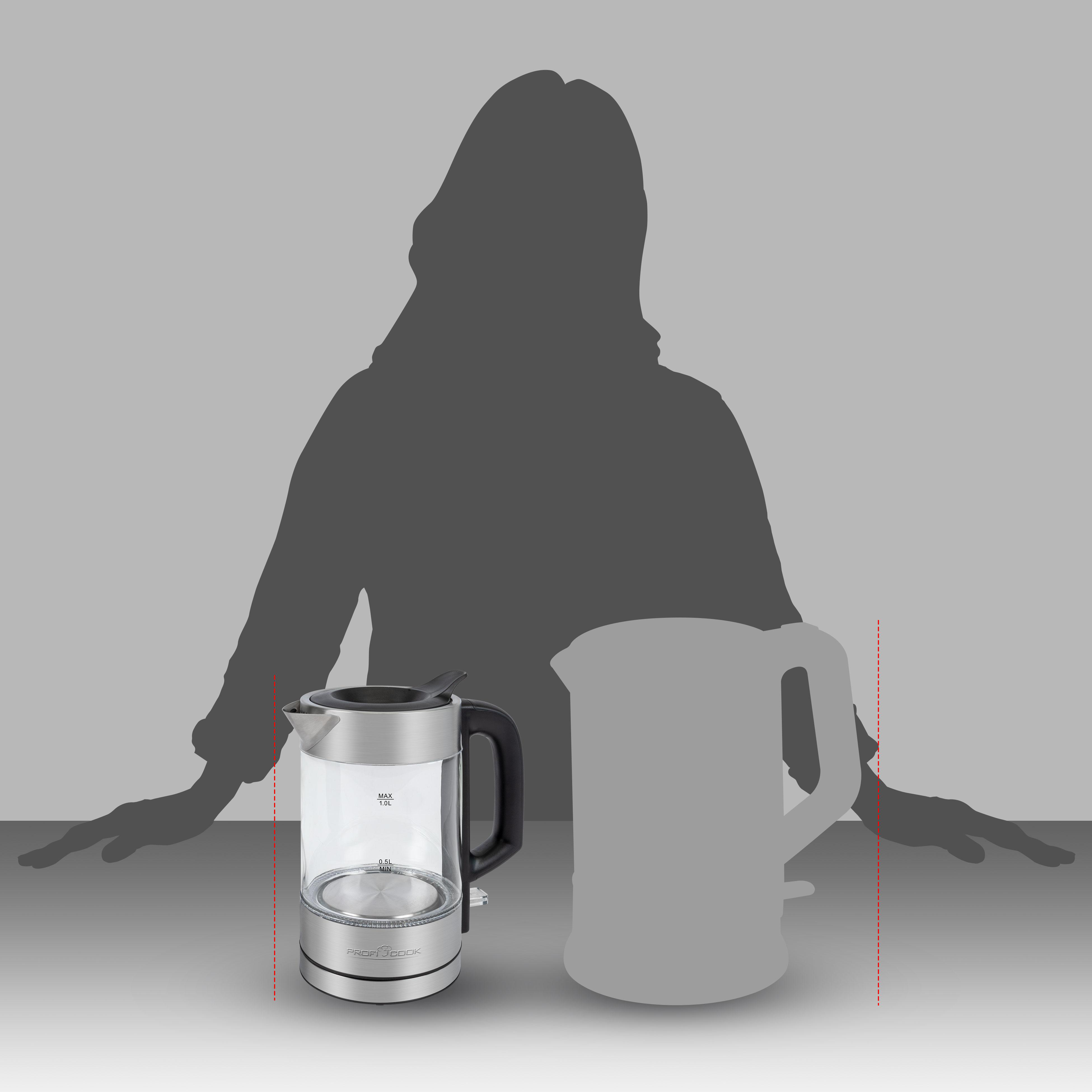 Silhouette einer Frau und ein Glaskessel.