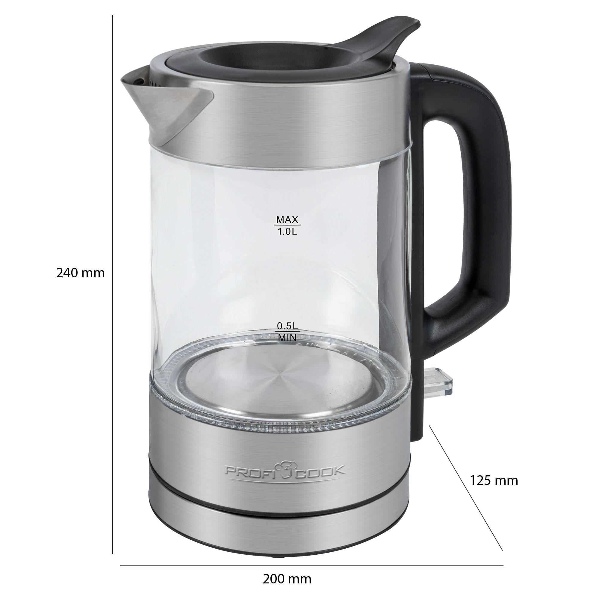Ein gläserner Wasserkocher mit schwarzem Griff und Deckel, Edelstahlbasis und Wasserstandsanzeigen.