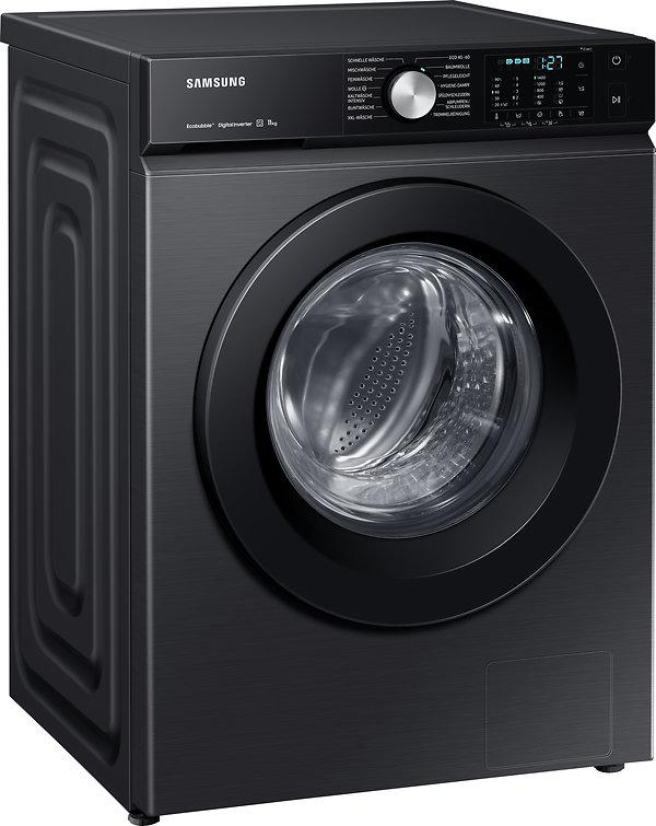 Eine schwarze Samsung Waschmaschine. Sie hat eine runde schwarze Tür und eine Digitalanzeige.