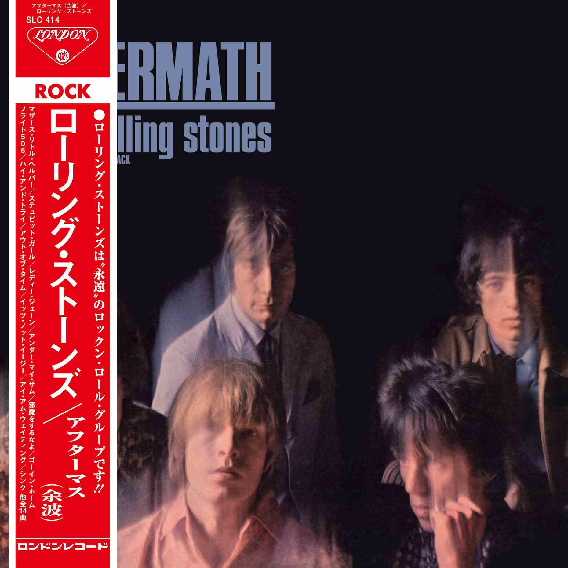 Rolling Stones album cover. Aftermath. Bandleden wazig. Rode en witte tekst.