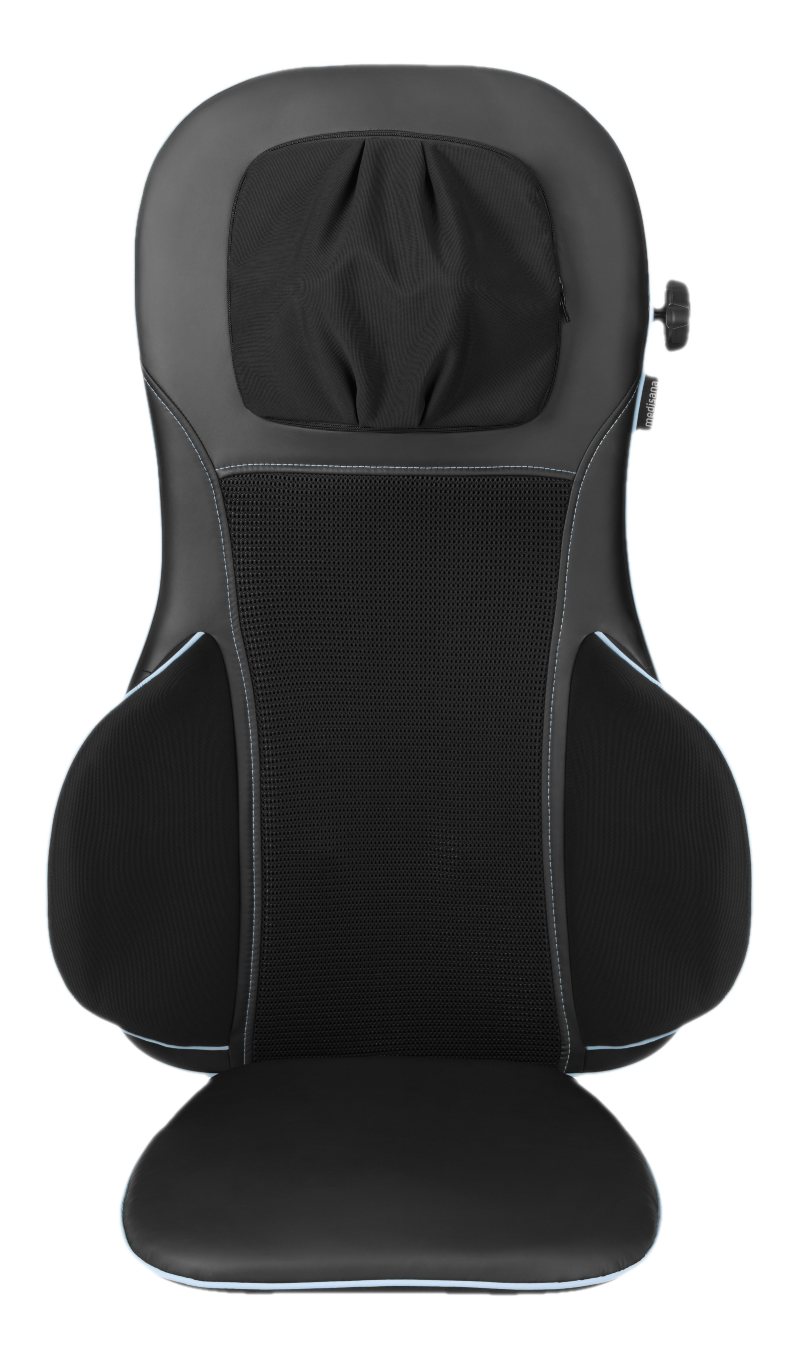 Coussin de massage noir, design ergonomique, avec support pour le dos et les épaules.