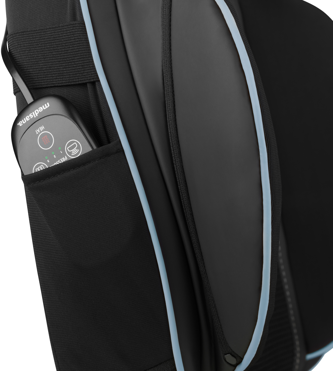 Dossier de chaise de massage noir avec un panneau de commande dans une poche. Le panneau indique HE At.