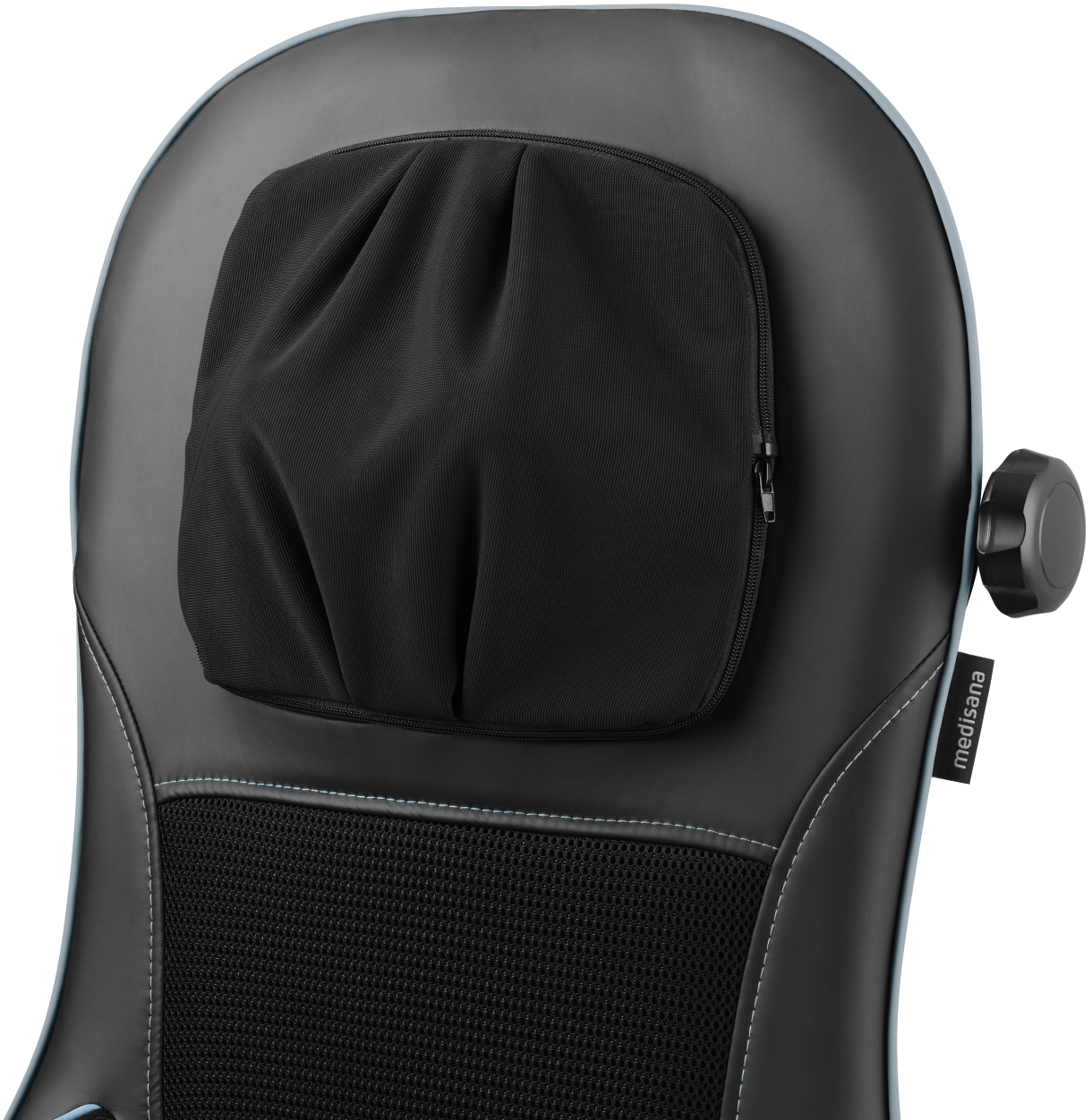 Un coussin de massage noir avec un appui-tête noir et une poche zippée.