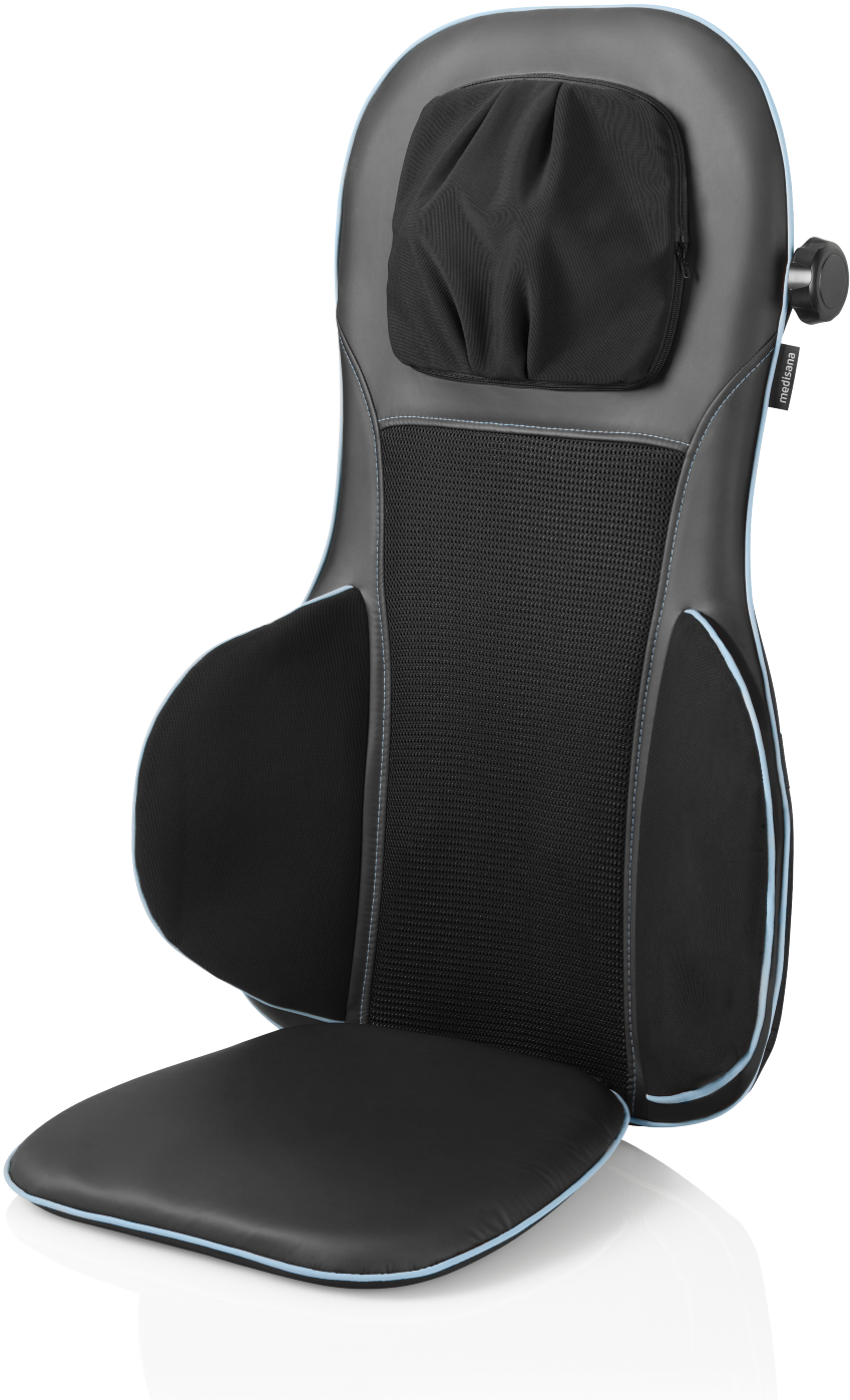 Coussin de chaise de massage noir avec liseré bleu. Il a un dos en mesh et un appui-tête.