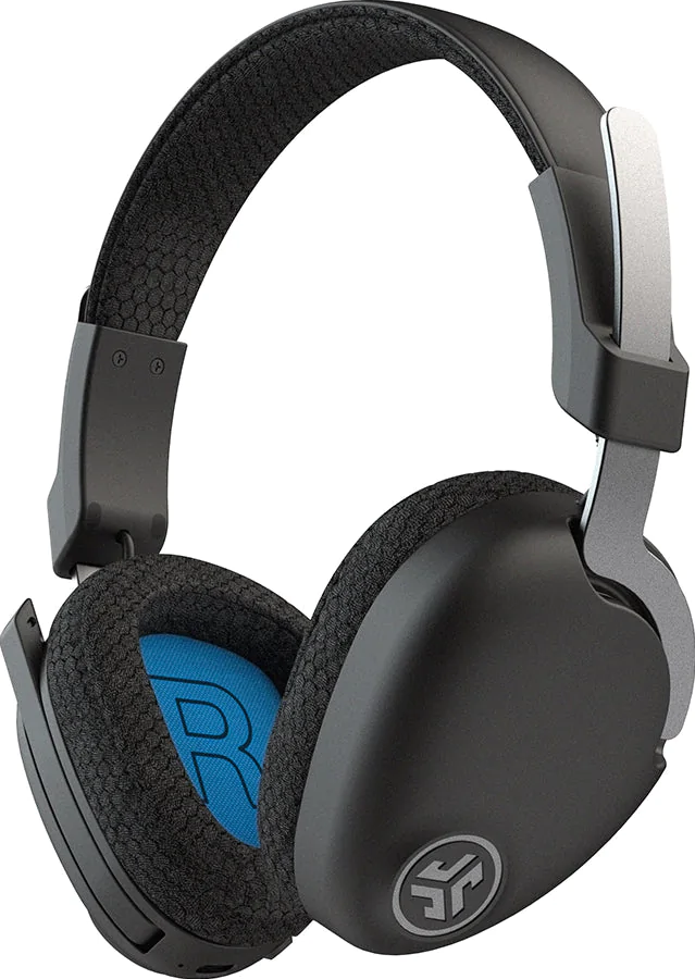 Cuffie nere e grigie con interno blu e logo JLab, su sfondo bianco.