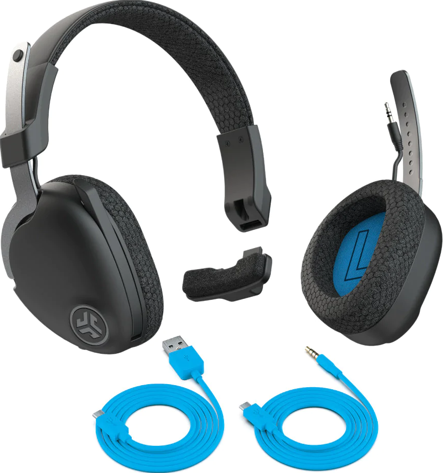 Cuffie con parti staccabili, un cavo blu e un altro cavo blu.