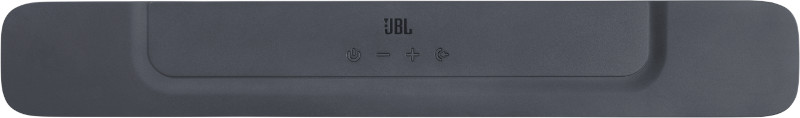 Barre de son JBL gris foncé avec boutons d'alimentation, Bluetooth et lecture/pause.