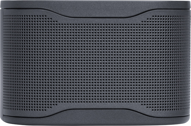 Haut-parleur gris foncé avec panneau avant perforé, conçu pour le son.