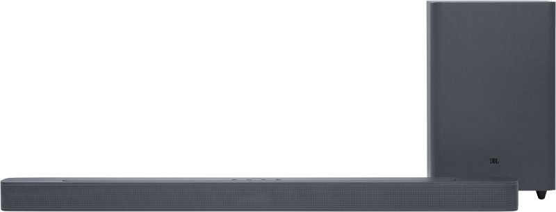 Une barre de son et un caisson de basses sur fond blanc, avec la marque 'JBL'.