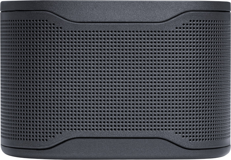 Un haut-parleur cylindrique gris foncé avec des trous espacés uniformément autour de la surface.