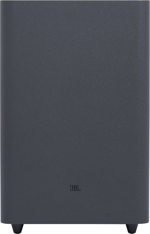 Caisson de basses gris foncé avec logo 'JBL', deux pieds en bas.