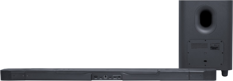 Een zwarte soundbar en subwoofer, gezien van achteren.