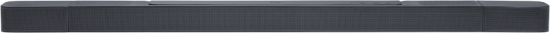 Lange, donkergekleurde soundbar, rechthoekige vorm met een mesh-voorkant en bedieningsknoppen.