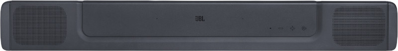 Soundbar, donkergrijs, met luidsprekerroosters en 'JBL'-logo, knoppen.