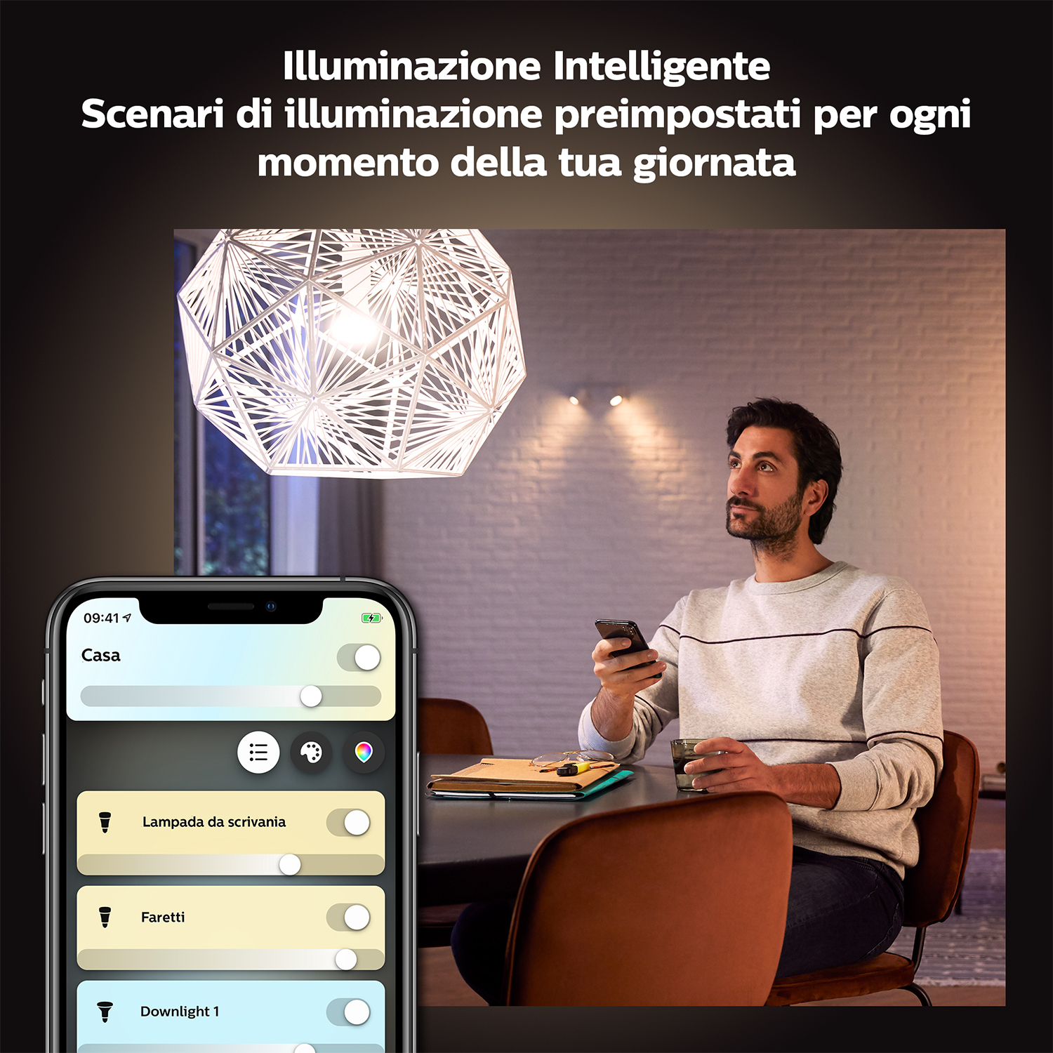 Un uomo usa un telefono, controllando luci intelligenti in una stanza. Il titolo è 'Illuminazione Intelligente'.