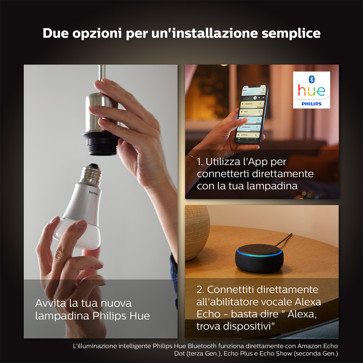 Istruzioni per una lampadina intelligente Philips Hue. Passaggi mostrano l'installazione con lampada.