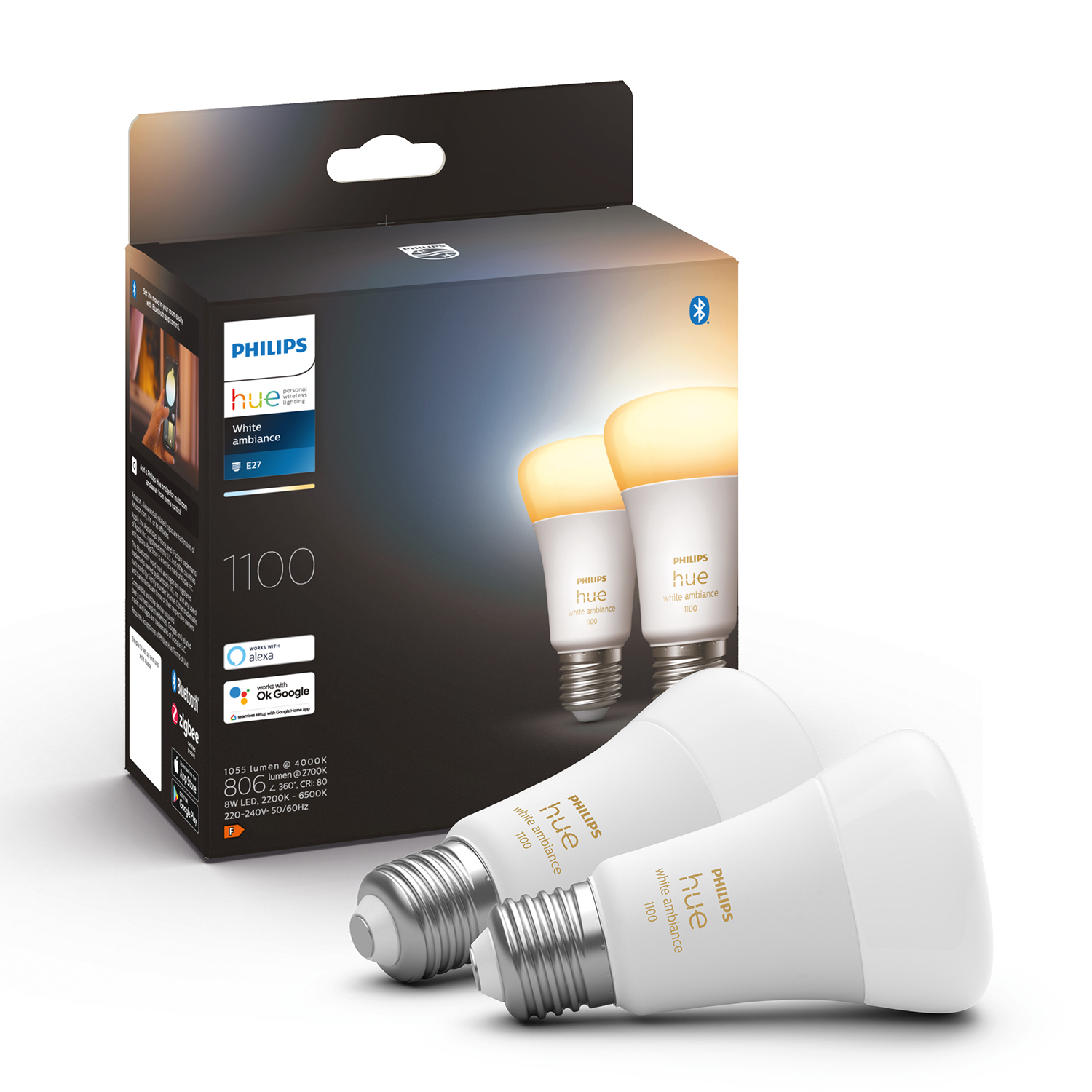 Due lampadine intelligenti Philips Hue White ambiance in una scatola. Sono bianche con luce calda.