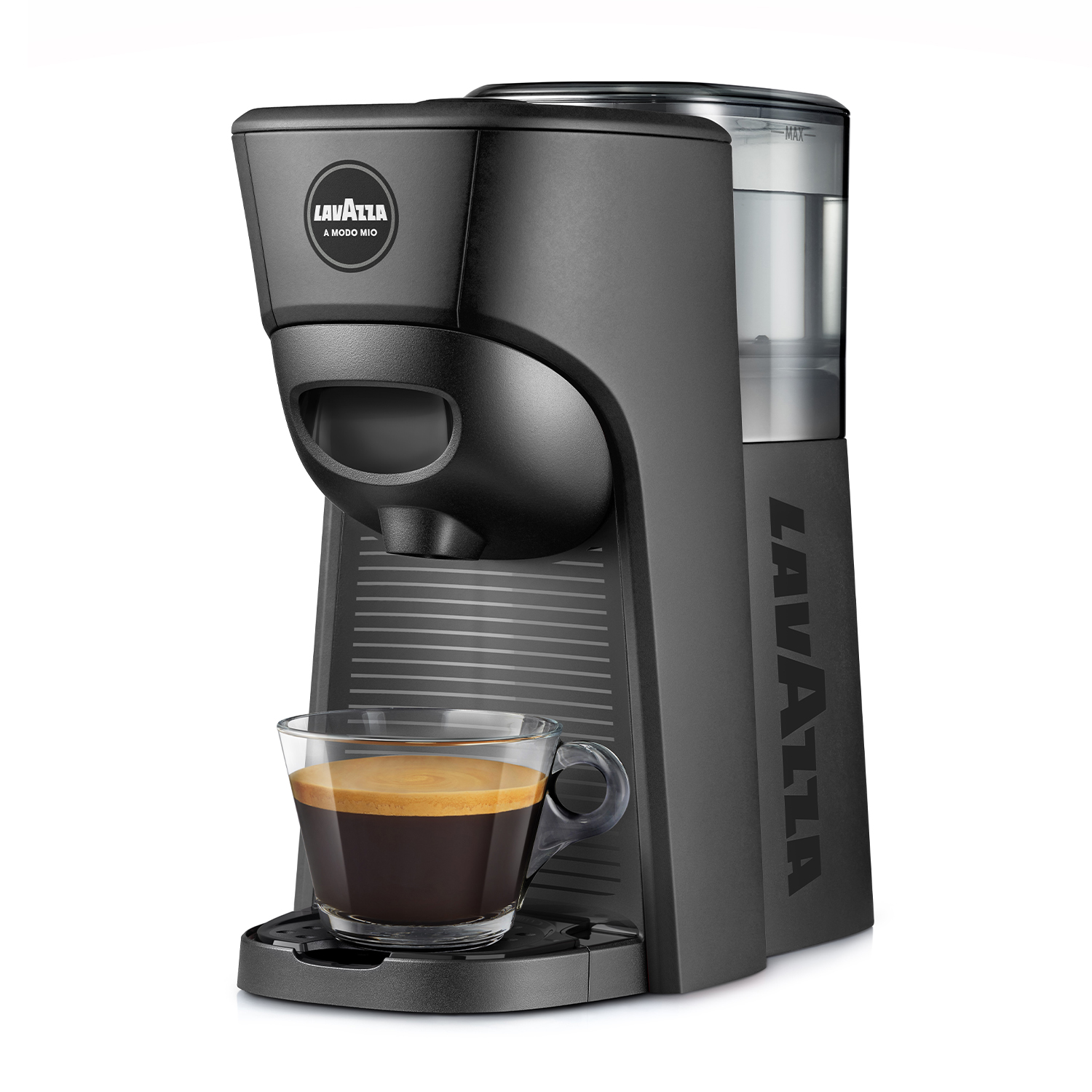 Macchina da caffè Lavazza nera con tazza di vetro.