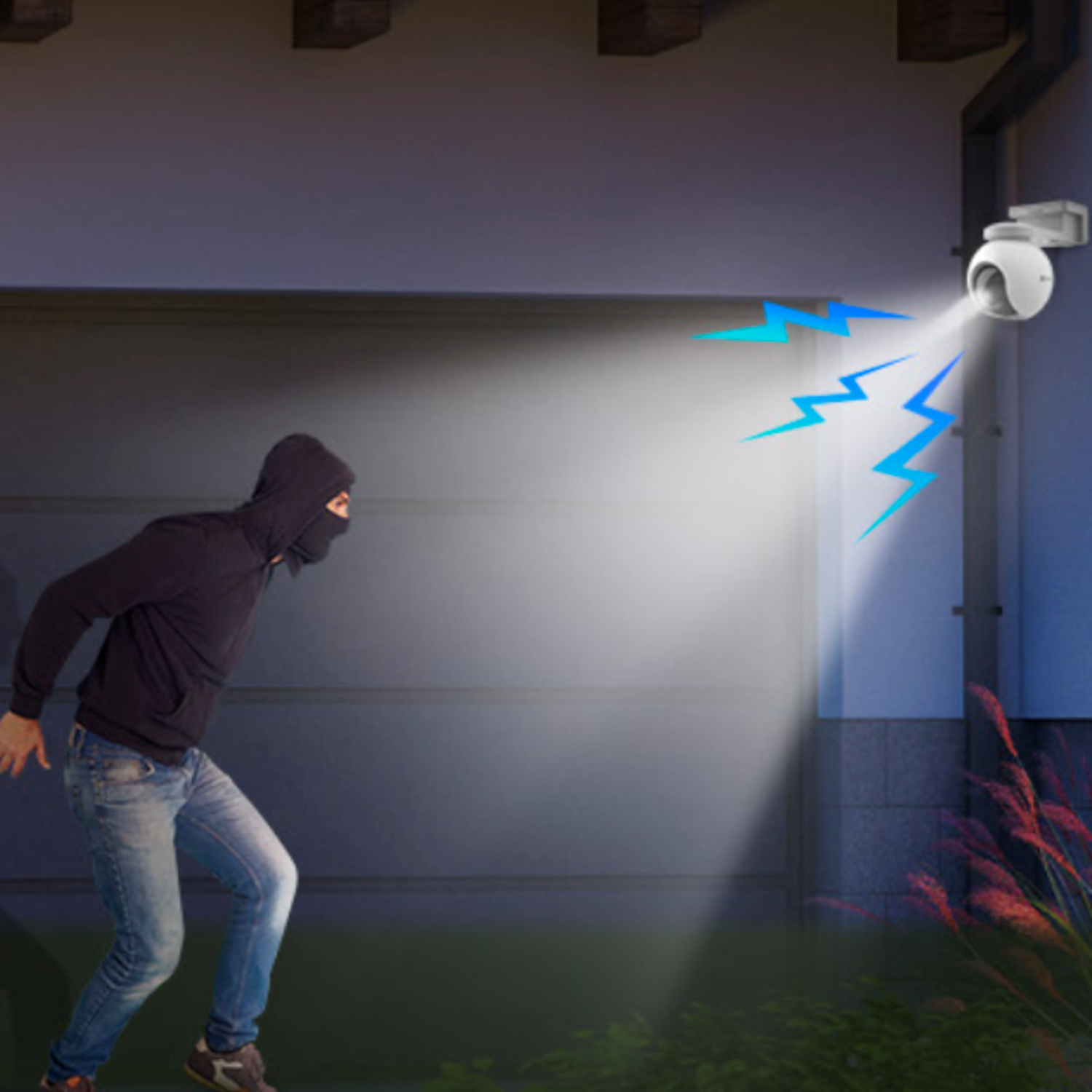 A thief in a mask is illuminated by a security light. Blue lightning bolts indicate an alarm.