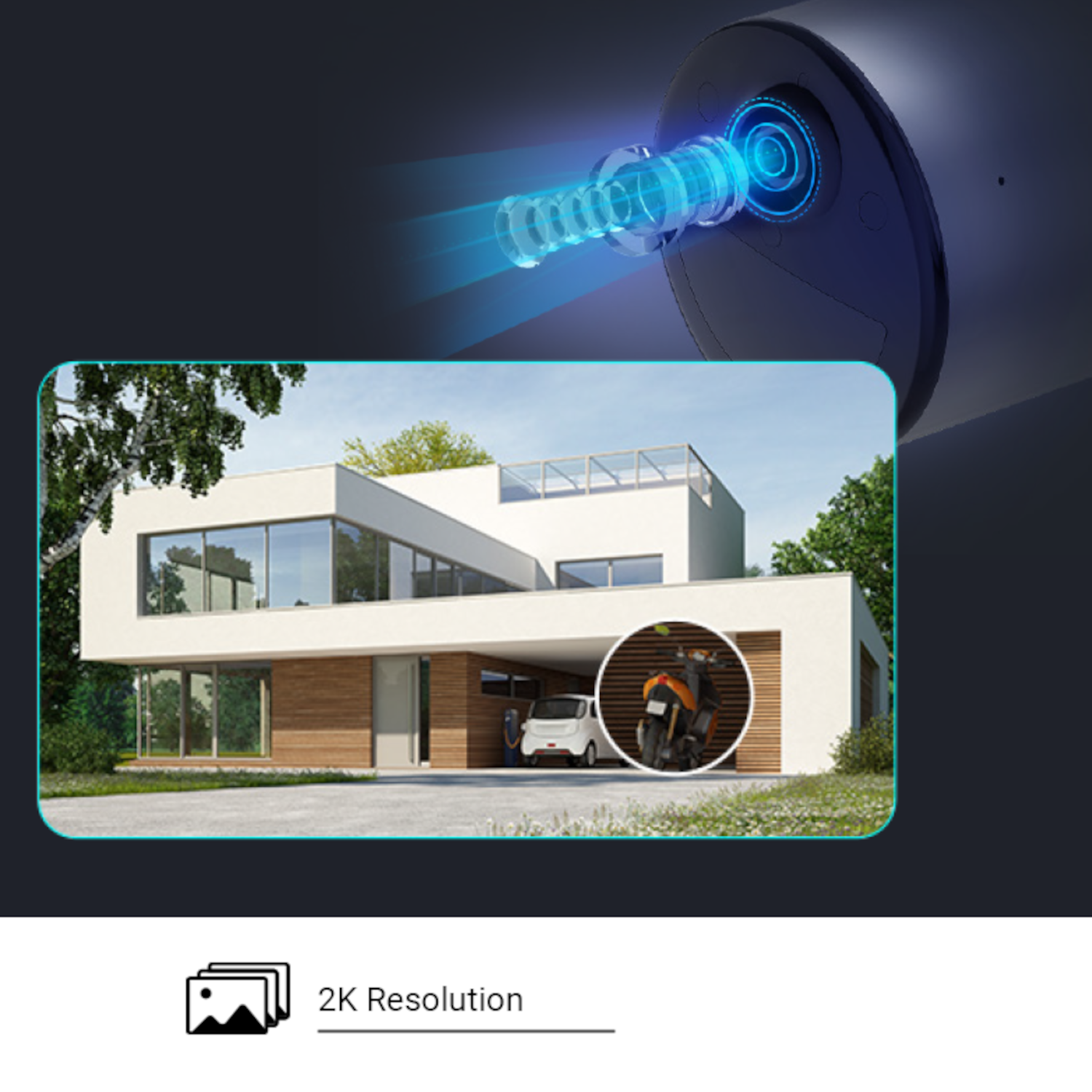 A security camera image showing a modern white house with a car and orange motorcycle in a garage. Blue light effect.