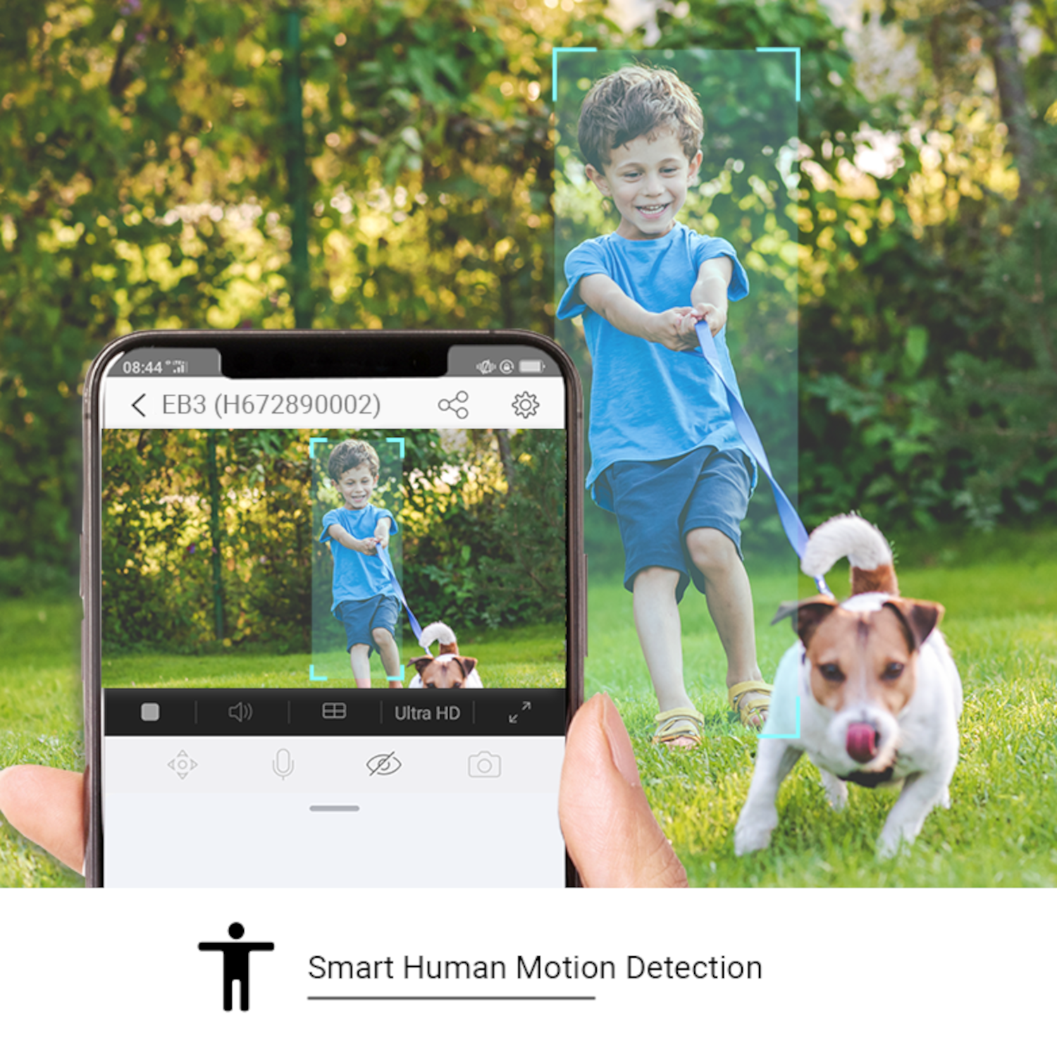 A phone displays a boy and dog. The real dog is running on grass.