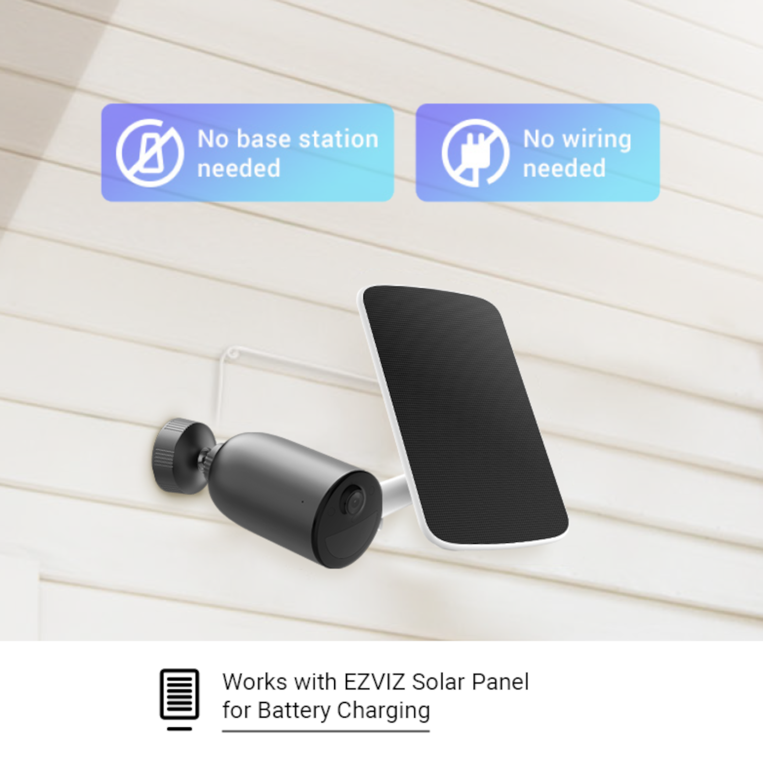 Black security camera with solar panel. Two info boxes: no base station, no wiring needed.