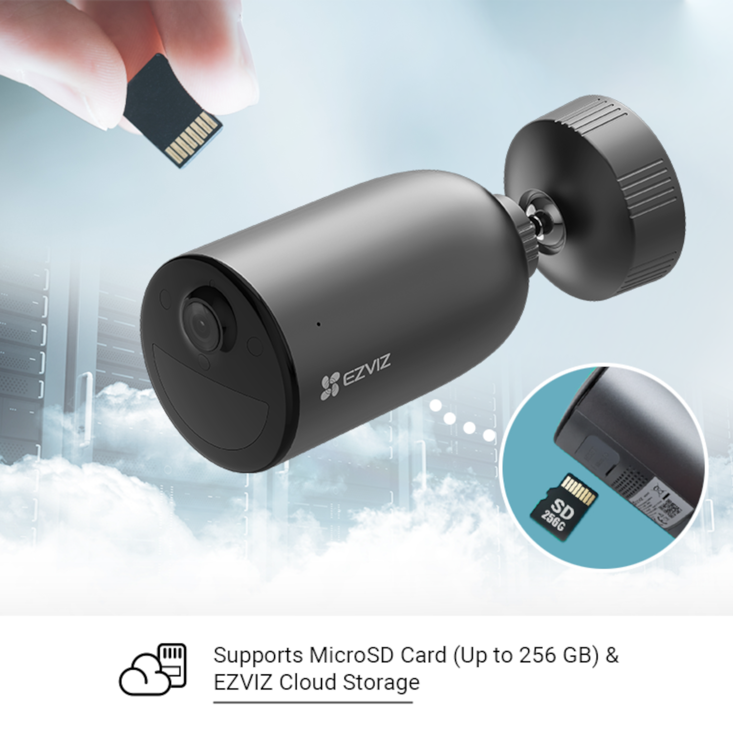 Black camera with SD card and EZVIZ cloud storage.
