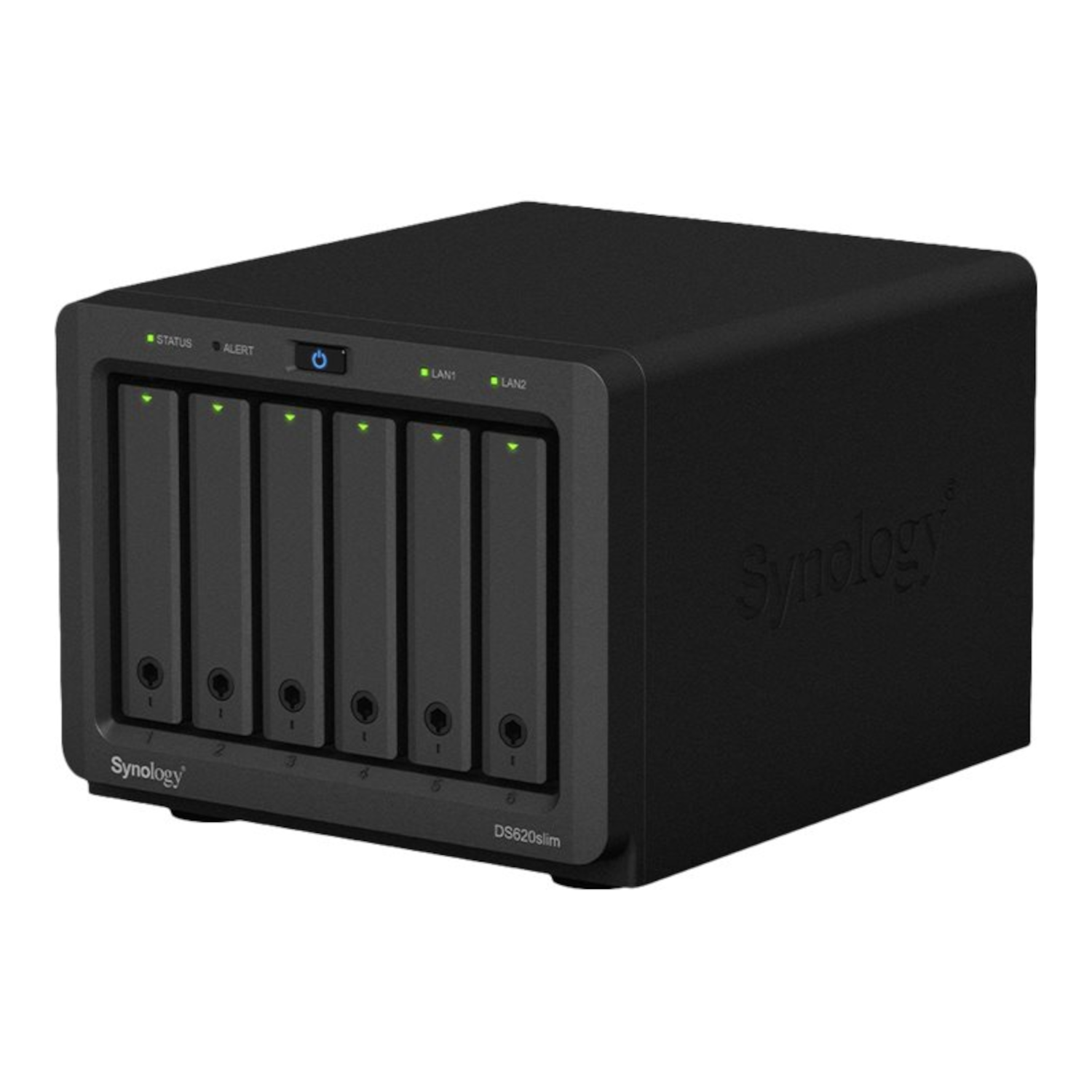 Black Synology DS620slim NAS device with six drive bays, on a white background.