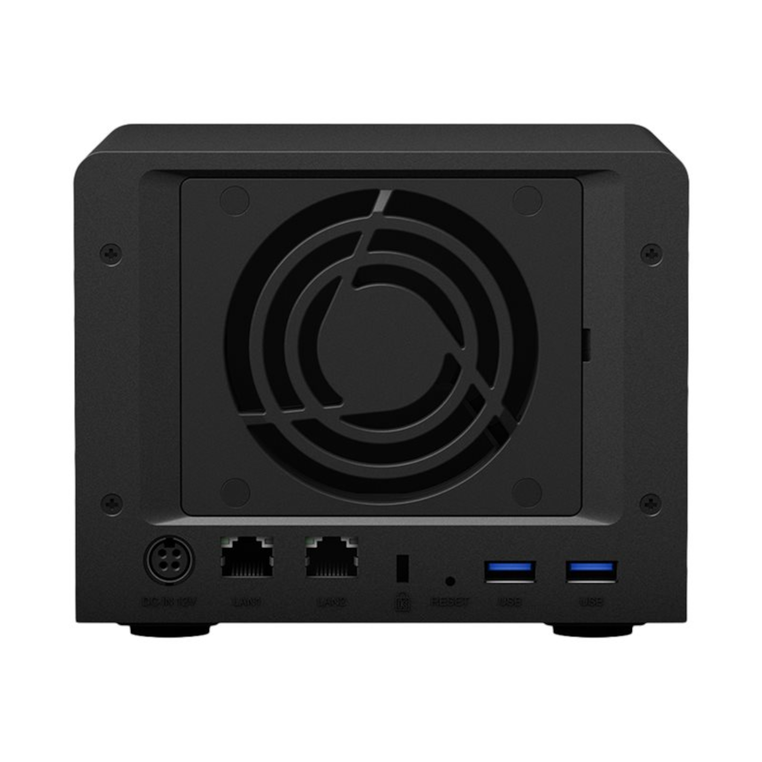 Black NAS device, rear view with ports and fan.