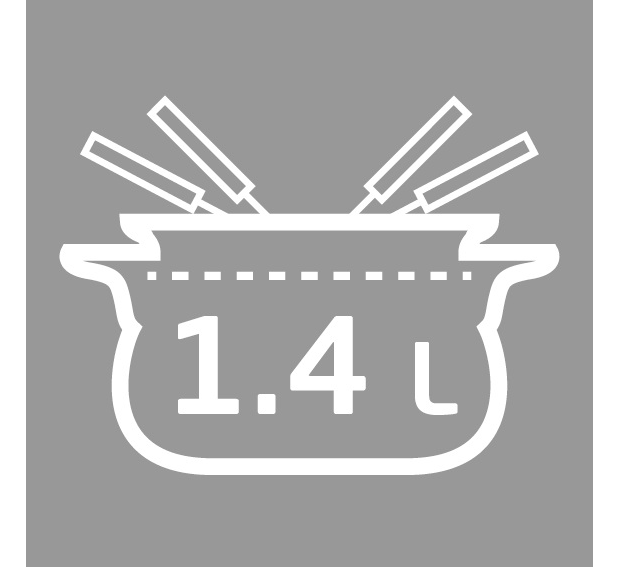 Táska ikon 1,4 L felirattal, fehér szürke háttérben. Kapacitást jelöl.