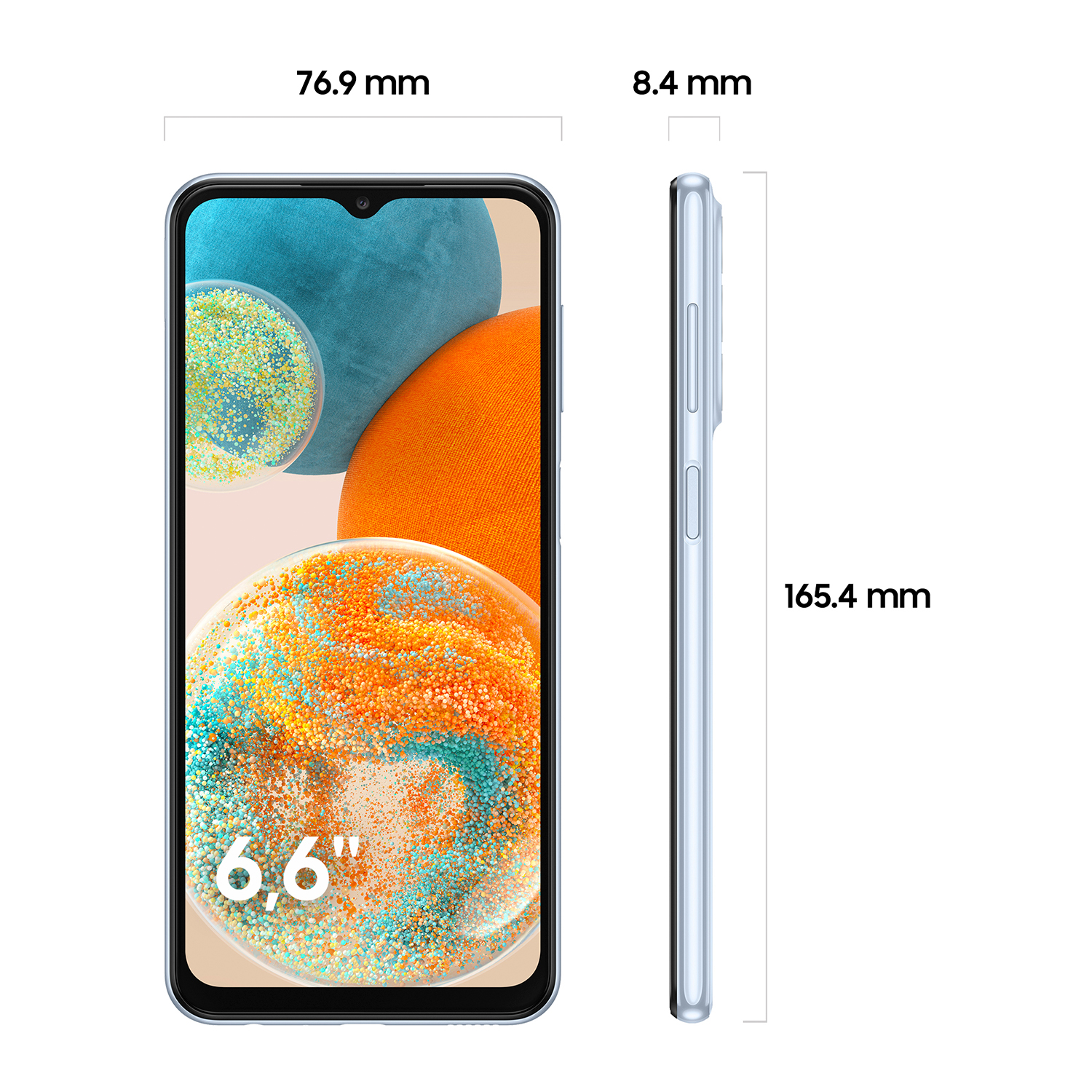 Smartphone, dimensiones: 76,9 mm ancho, 165,4 mm alto, 8,4 mm grosor. Pantalla muestra imagen colorida.