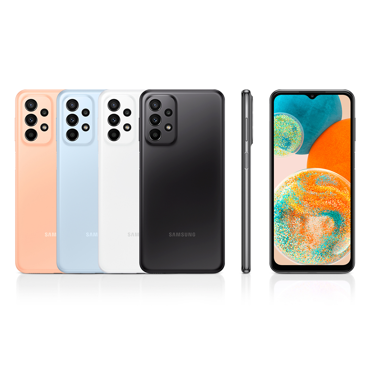 Cuatro teléfonos: melocotón, azul, blanco y negro. Vistas traseras, un perfil lateral y una pantalla.