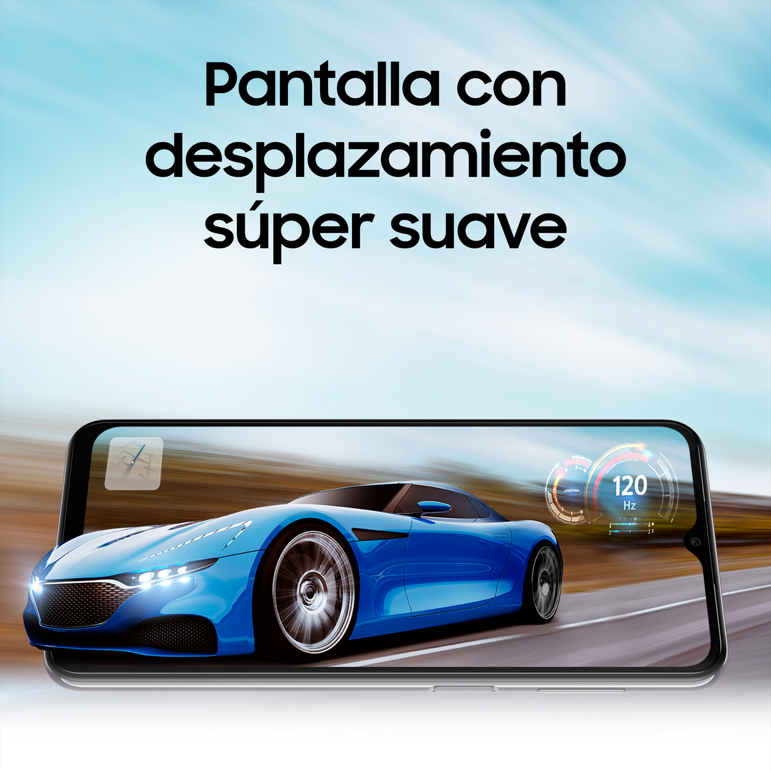 Smartphone mostrando un coche deportivo azul en una carretera, con texto superpuesto.