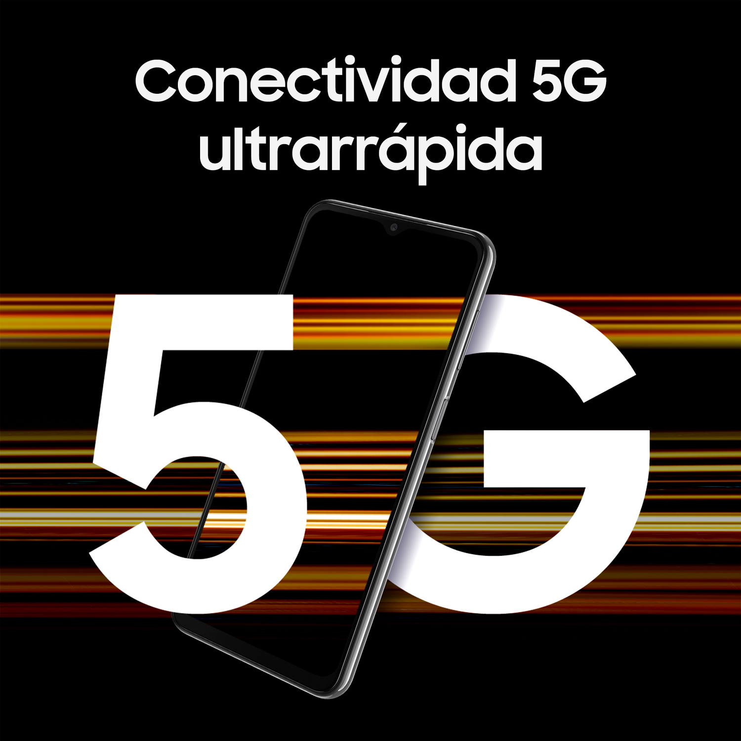 Un smartphone con texto 5G y un fondo de líneas, que sugiere conectividad rápida.